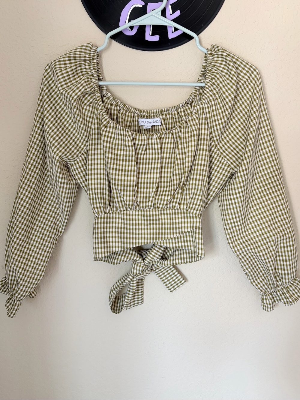 Beyond the Radar Olive Gingham Tie-Back  Crop Top